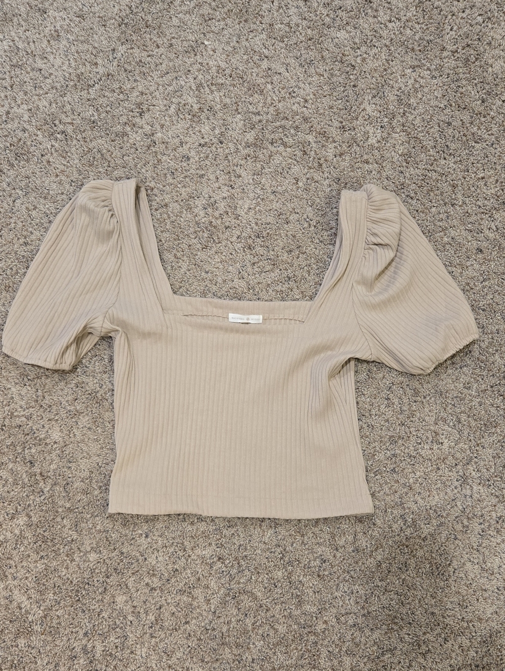 Ribbed Square Neck Puff Sleeve Top - Beige